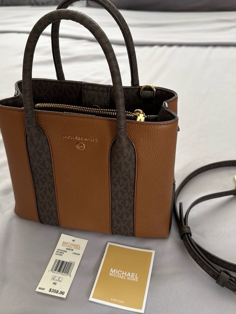 Michael Kors Austin Medium Leather Satchel Brown Signature Crossbody Bag